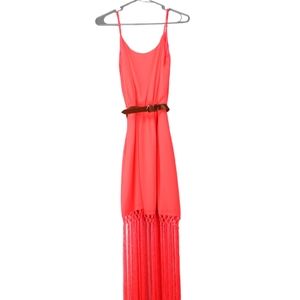 Gianni Bini Womens Bright Orange Sleeveless Maxi Dress Fringe Bottom Size Small